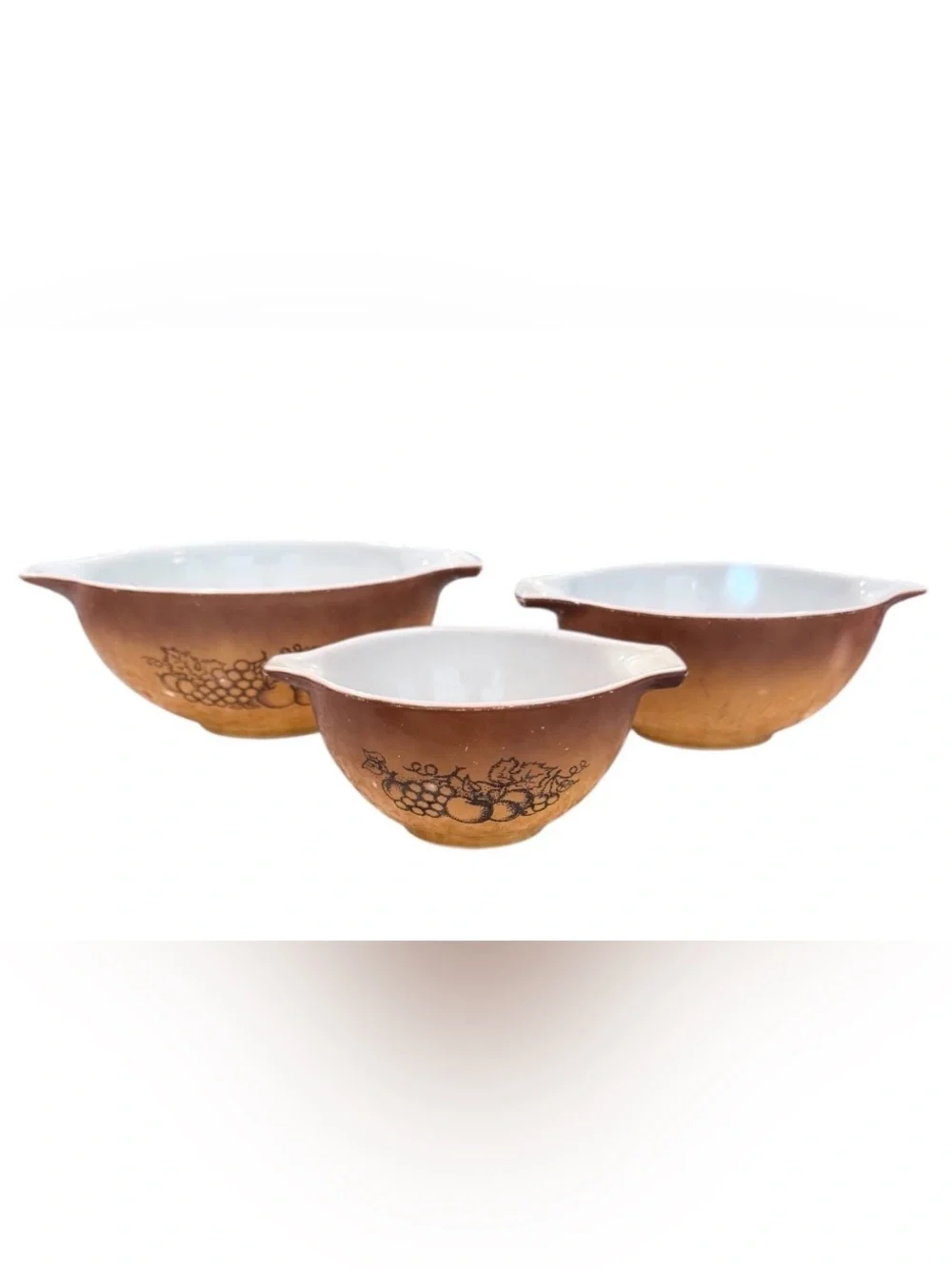 3 Vintage Pyrex Old Orchard burnt orange & brown fruit motif nesting bowls